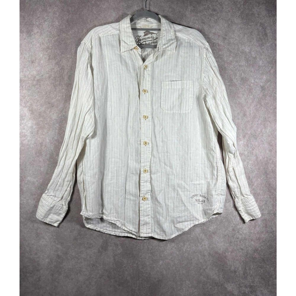 Tommy Bahama Shirt Mens Large White Relax Button Down 100% Linen Striped Beach